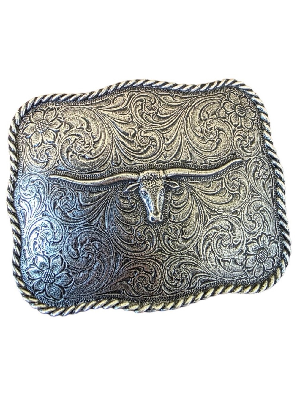 Cody James Silver-Tone Longhorn Steer Floral Engraved Men’s Belt Buckle